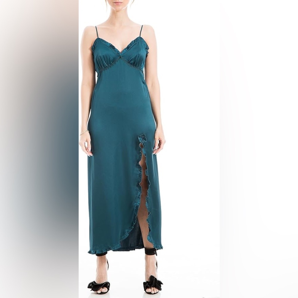 NWT Max Studio Women's Spaghetti Strap Body Con Satin Dress green